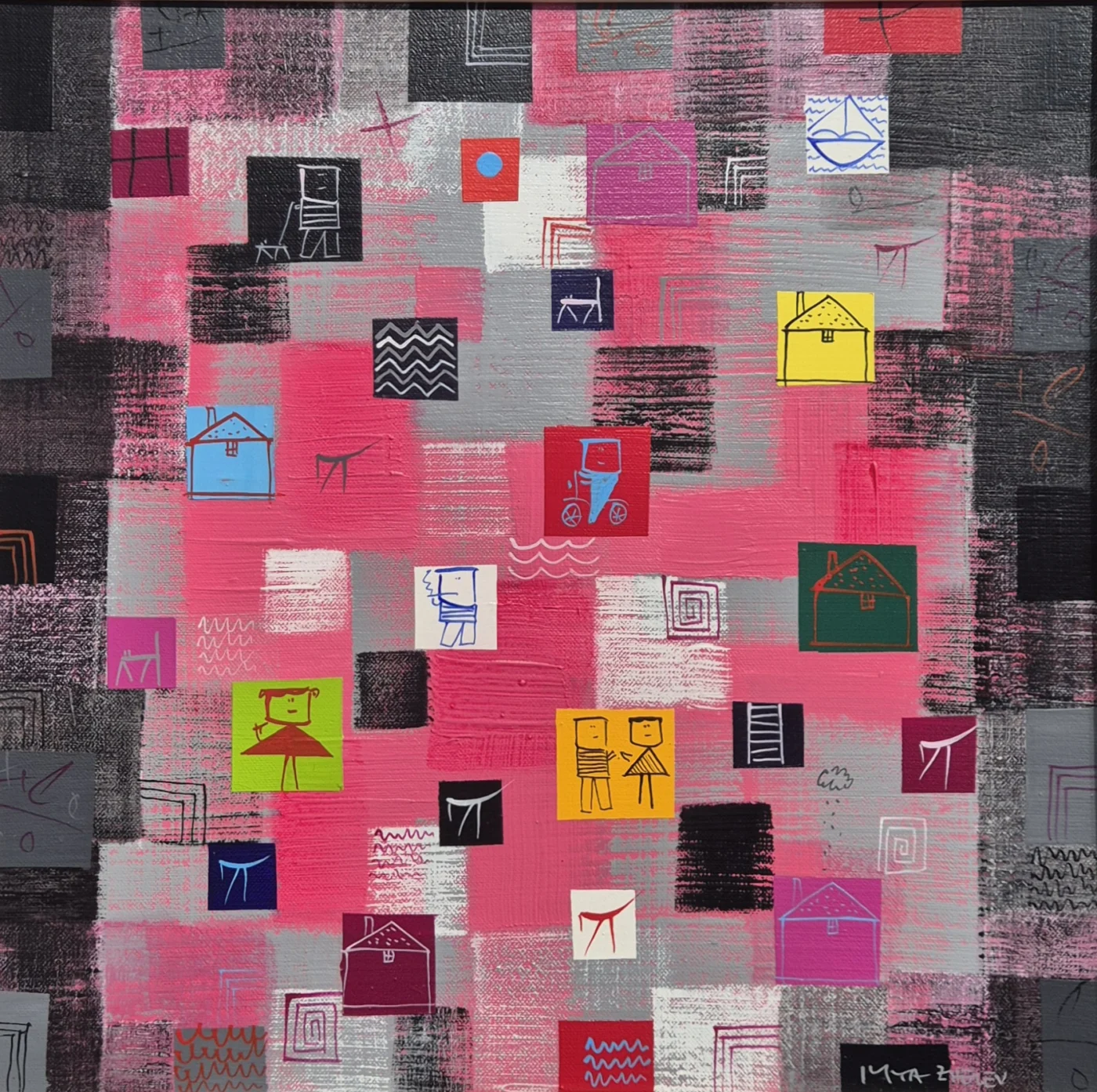 "Game in pink and gray", 40x40 cm., acrylic/canvas